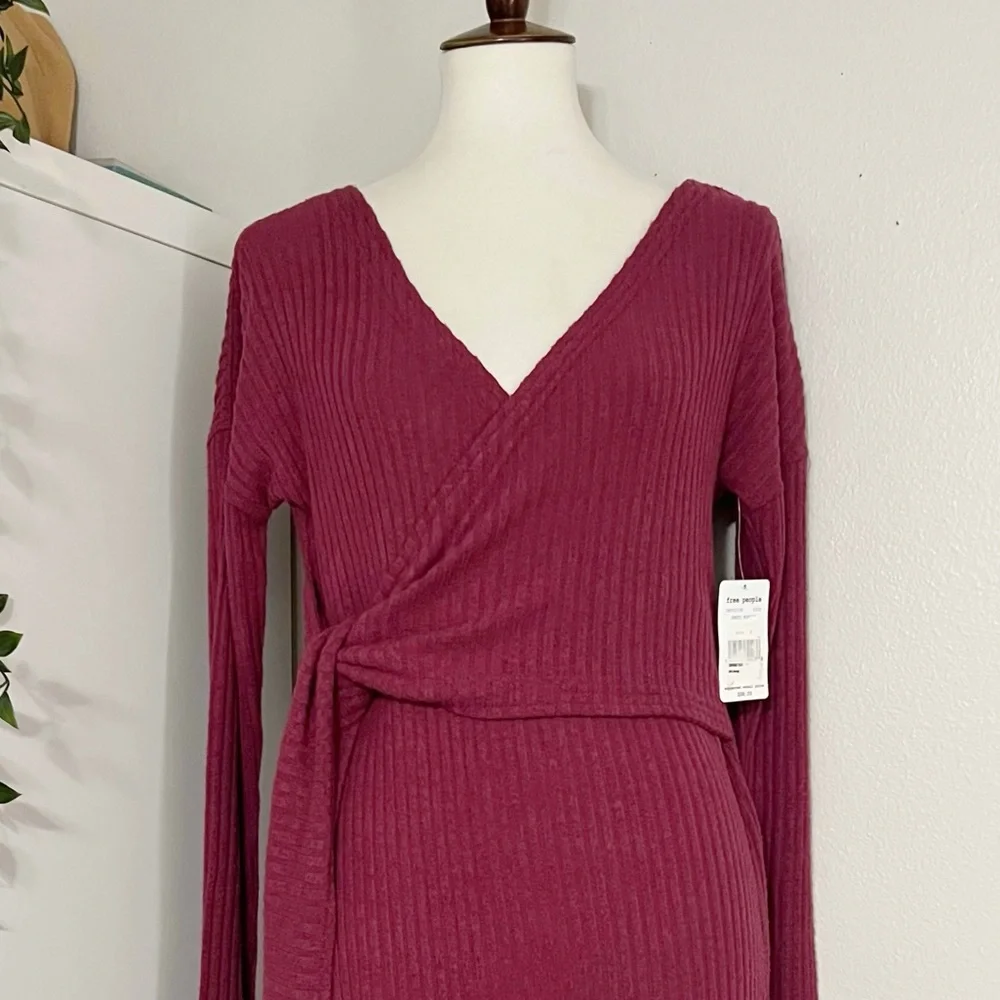 Free‎ People Burgundy Long Sleeve V Neck Tunic Top Wrap Tie